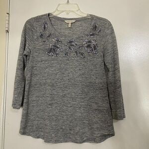 Rebecca Taylor Gray linen knit blouse top floral patch size Small